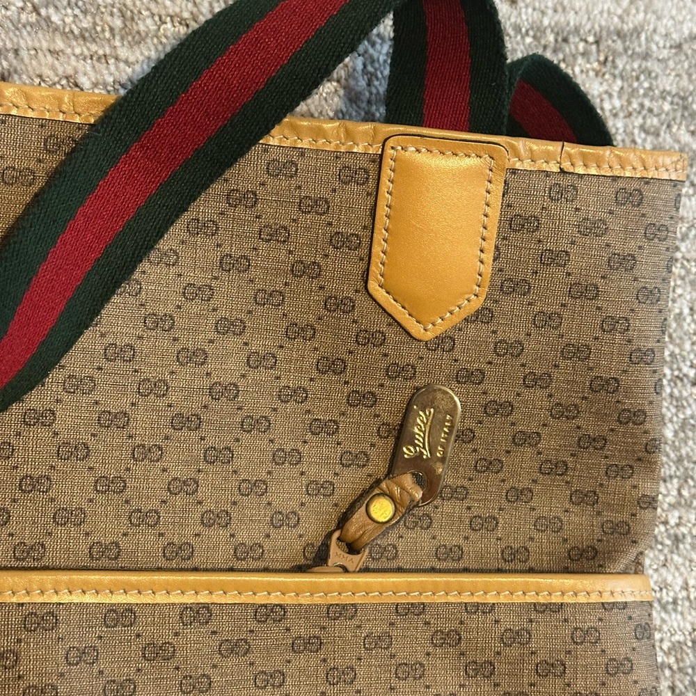 Vintage Gucci Tan Monogram Messenger Bag with Gold Accents